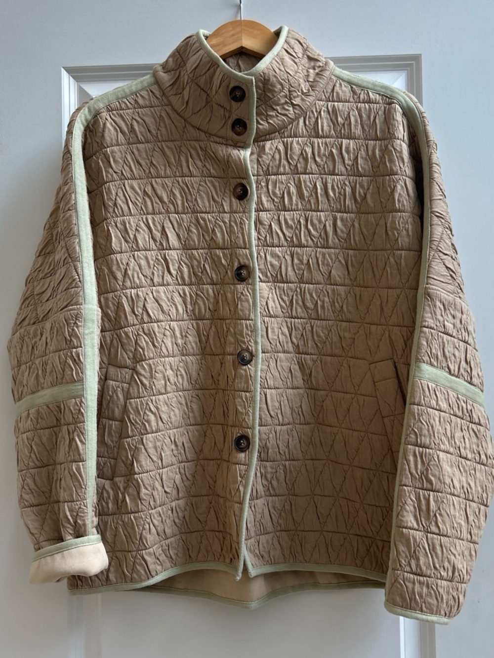 LA MIEL Beige Quilted Puffer Jacket with Light Green Trim